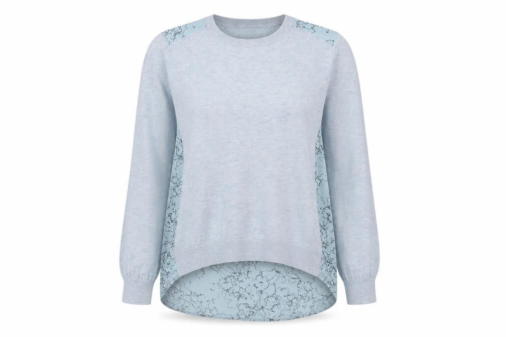 Front view of Next women’s blue round neck geometric acrylic jumper, size UK 14