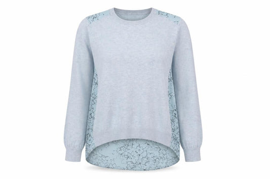 Front view of Next women’s blue round neck geometric acrylic jumper, size UK 14