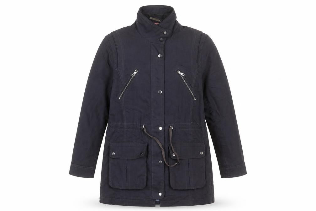 Front view of Marks & Spencer women’s blue jacket coat, size UK 10, zip