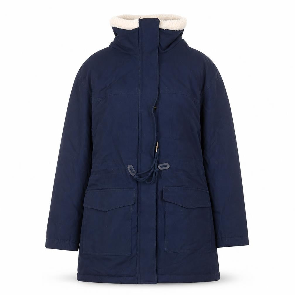 Front view of Per Una women’s blue parka coat, size UK 8, zip