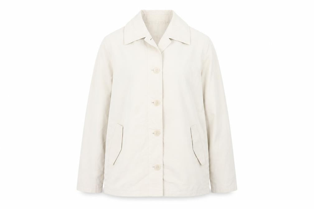 Front view of Danni Mac women’s beige jacket, size S, button