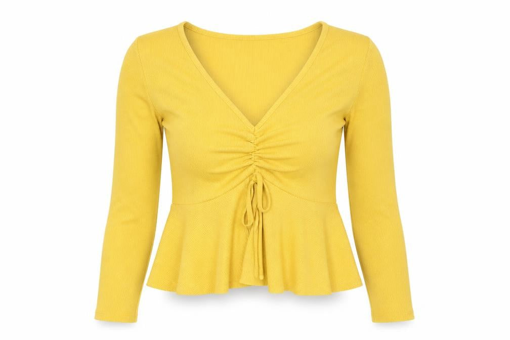 Front view of SHEIN women’s yellow cotton basic blouse, size S, v-neck