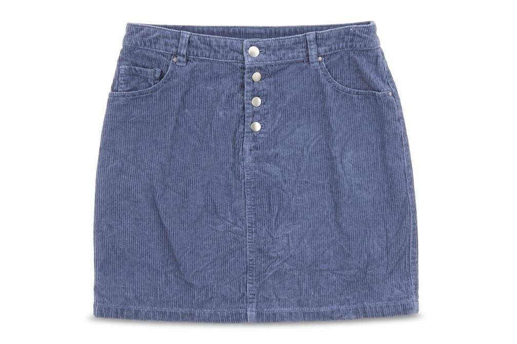Front view of Tu women’s blue cotton a-line skirt, size UK 10, button