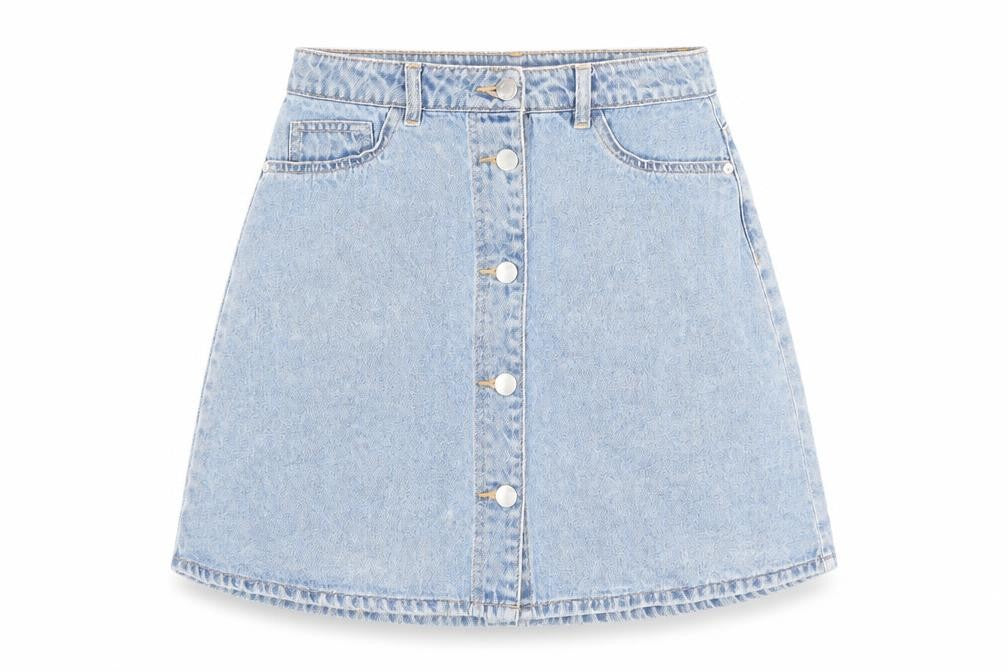 Front view of Noisy May women’s blue cotton a-line skirt, size S, button