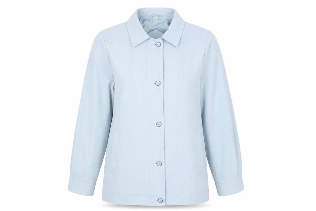Front view of Unique Creation women’s blue jacket, size UK 12, button