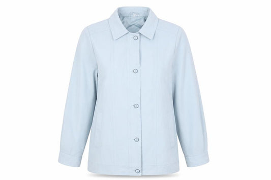 Front view of Unique Creation women’s blue jacket, size UK 12, button