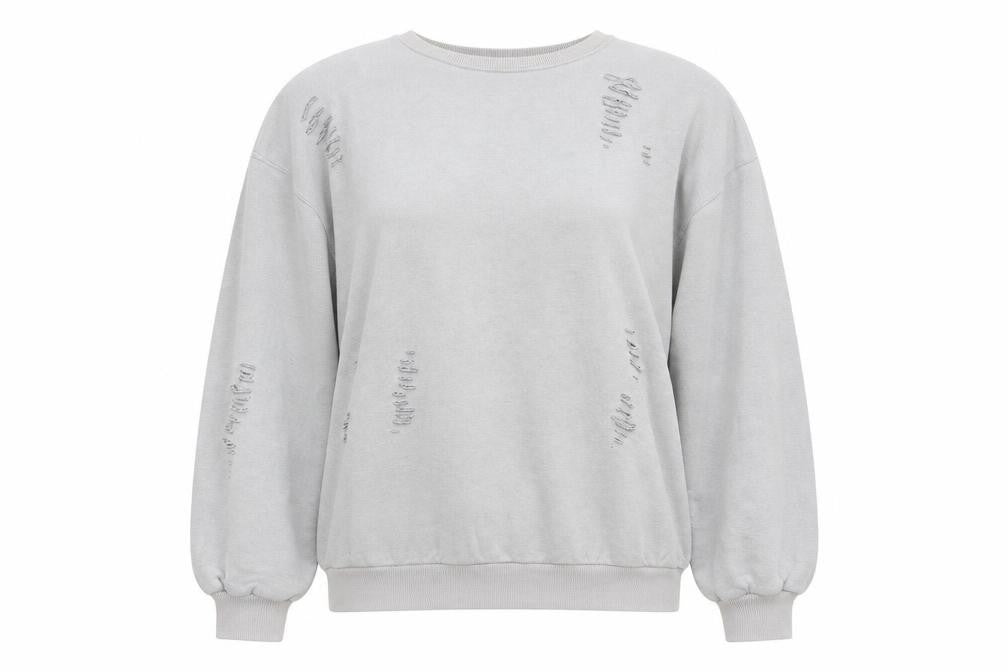 Front view of New Look women’s grey cotton pullover sweatshirt, size S, pullover - ripped detail