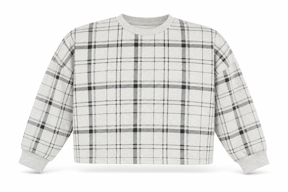 Front view of Primark women’s grey plaid cotton pullover sweatshirt, size XS, pullover