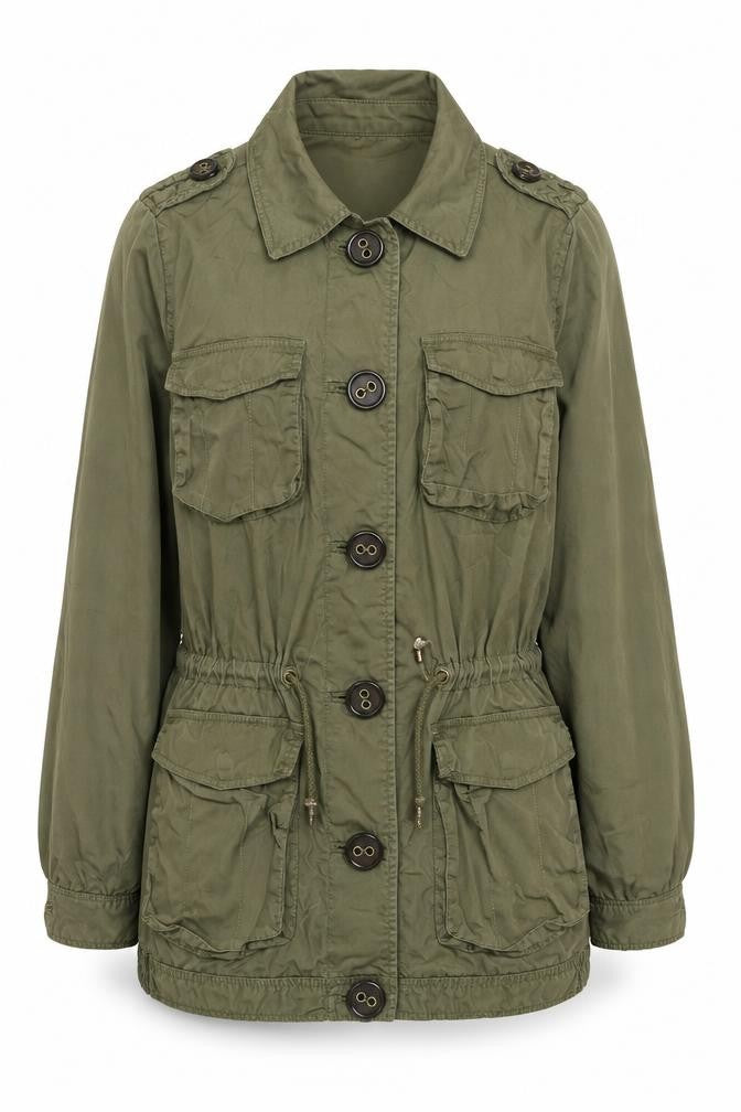Front view of H&M women’s green jacket, size UK 12, button