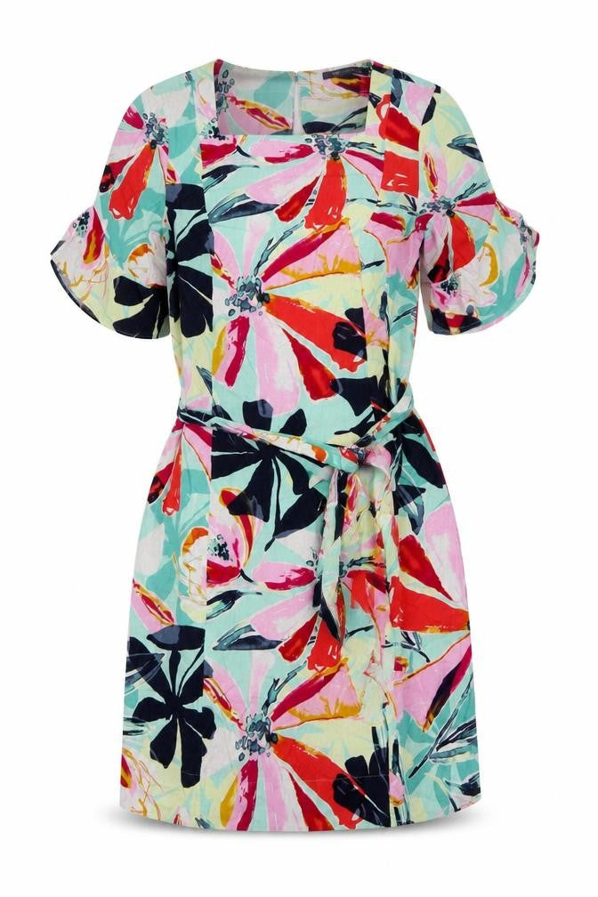 Front view of Marks & Spencer women’s multicoloured geometric linen fit & flare, size UK 8, square neck pullover
