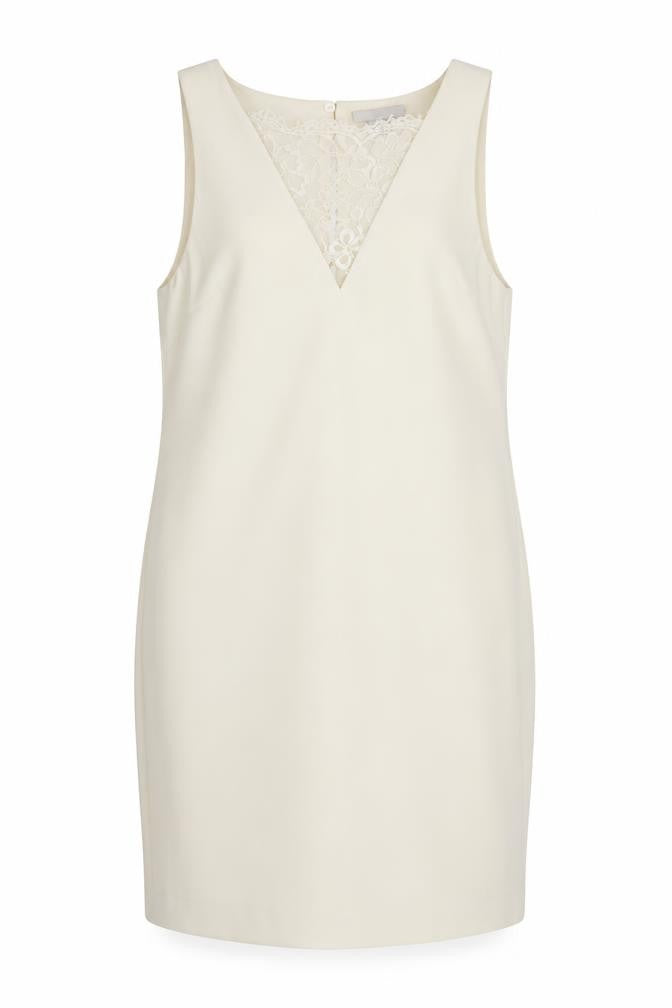 Front view of H&M women’s ivory herringbone polyester sheath, size UK 6, sweetheart pullover - lace detail