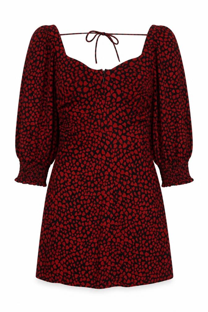 Front view of Topshop women’s red animal print polyester mini, size UK 8, square neck zip