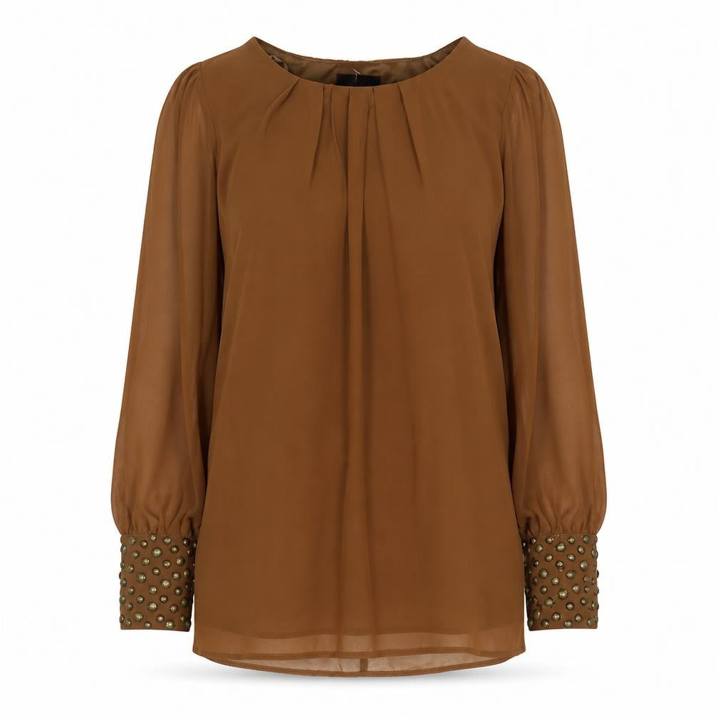 Front view of Lila women’s brown viscose basic blouse, size UK 8, boat neck