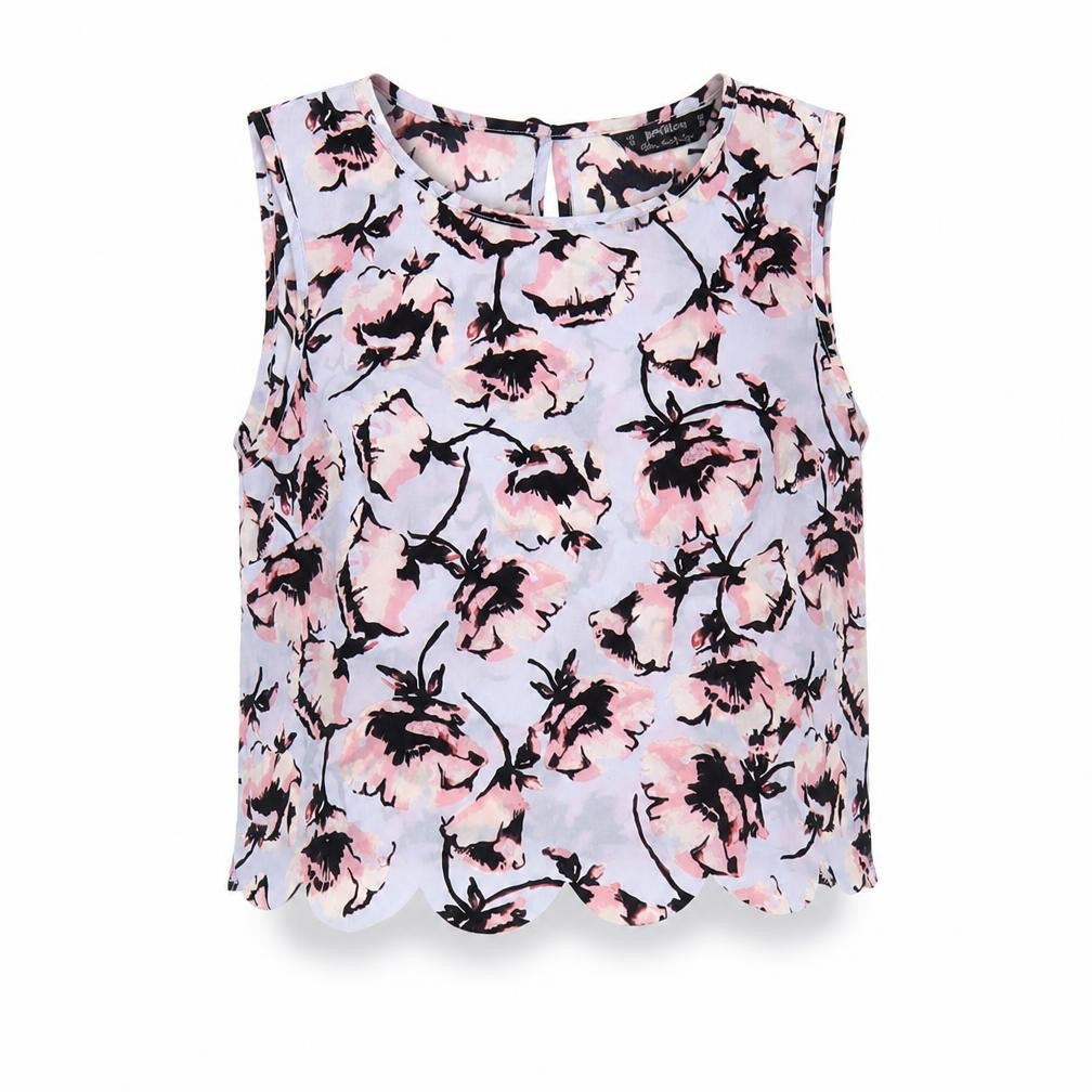 Front view of Miss Selfridge women’s multicoloured floral polyester basic blouse, size UK 10, round neck