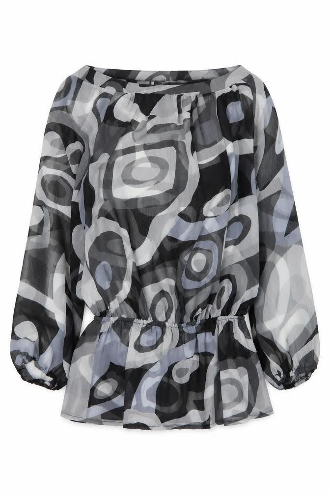Front view of Elise Ryan women’s grey geometric polyester shift, size S, boat neck pullover
