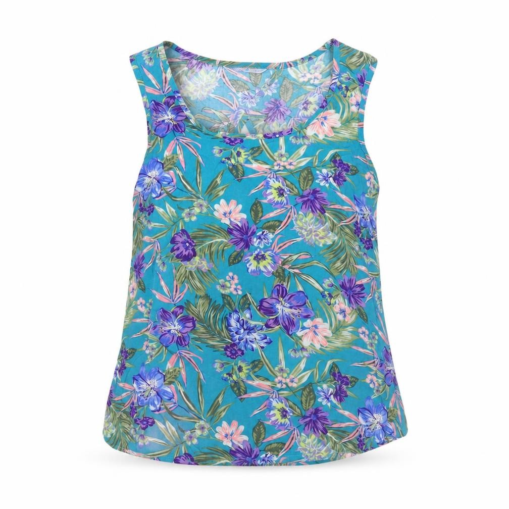 Front view of New Look women’s blue floral viscose basic blouse, size UK 8, scoop neck