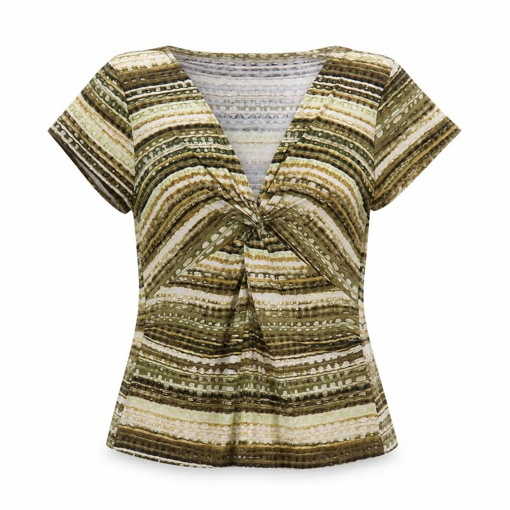Front view of Preworn women’s gold striped polyester basic blouse, size M, v-neck - knot detail