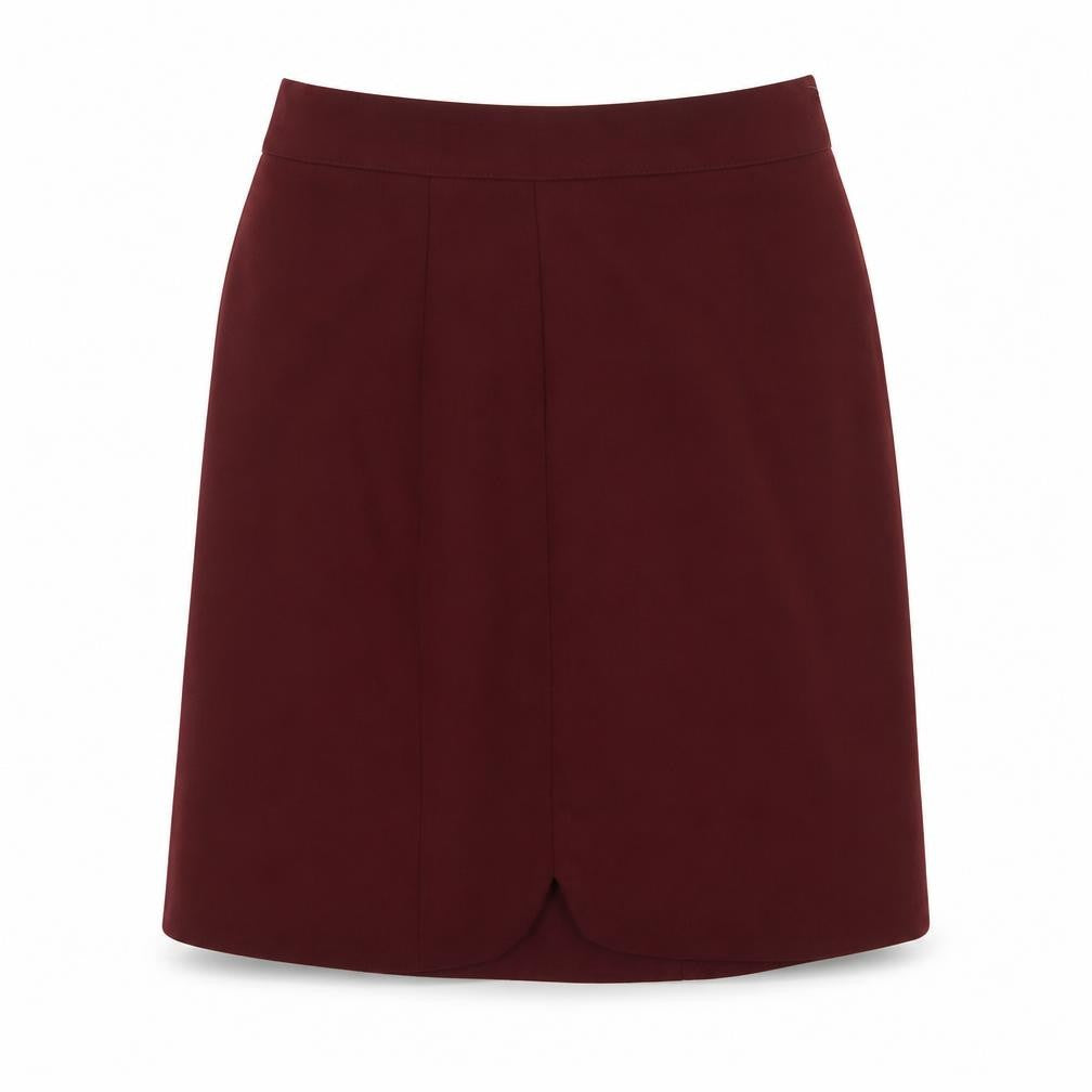 Front view of Preworn women’s red polyester a-line skirt, size S, zip