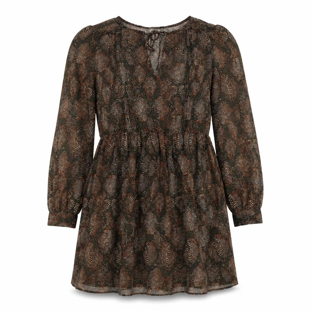 Front view of Zara women’s brown geometric polyester fit & flare, size XS, round neck pullover