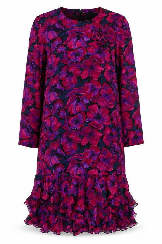 Front view of Liz Roberts women’s pink floral polyester shift, size UK 10, round neck zip