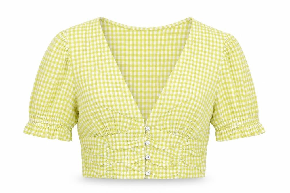 Front view of Pull&Bear women’s yellow check cotton cropped blouse, size M, v-neck