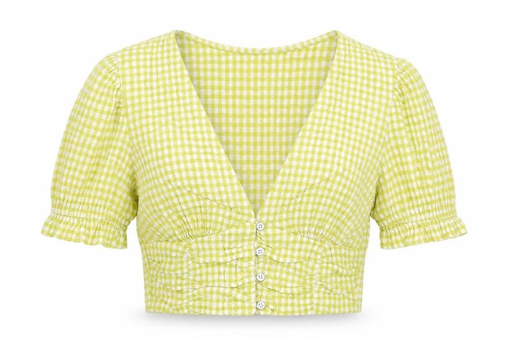 Pull&Bear Womens Yellow Check Cotton Cropped Blouse Size M V-Neck