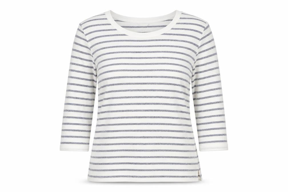 Front view of Monsoon women’s white striped polyester basic tank, size M, scoop neck