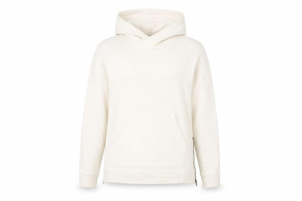 Front view of Underated women’s ivory cotton pullover hoodie, size L, pullover