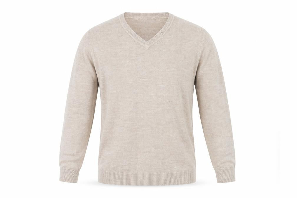 Front view of Easy men’s beige v-neck acetate jumper, size M