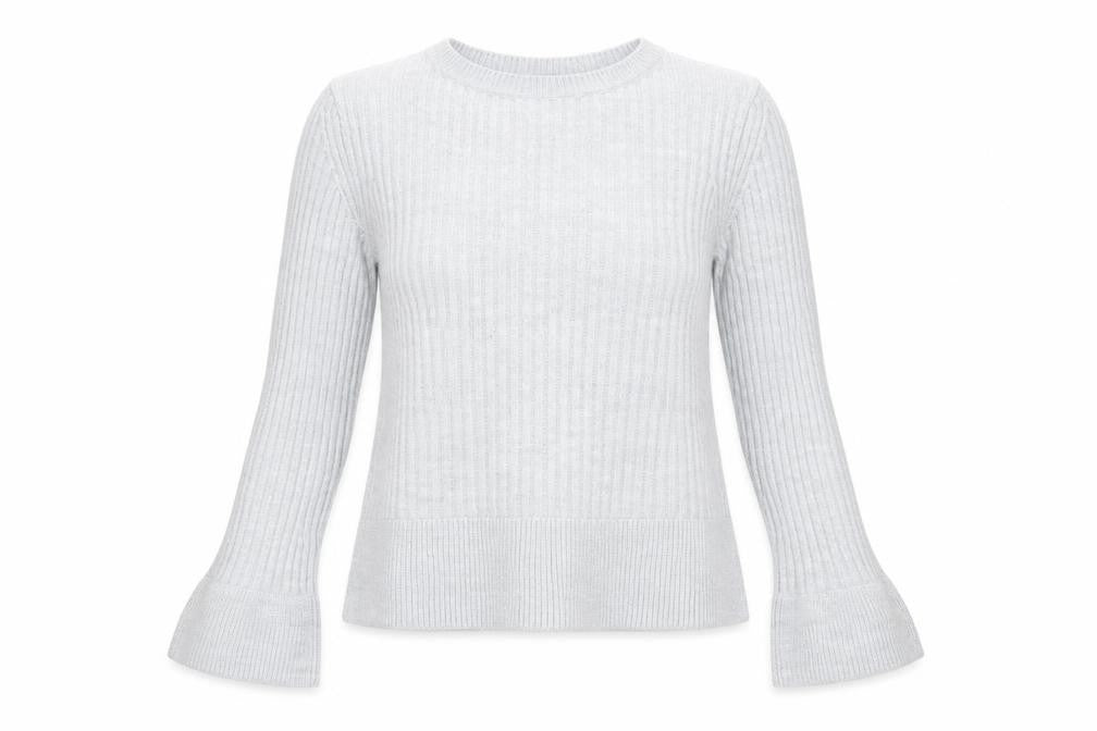 Front view of Marks & Spencer women’s grey round neck acrylic jumper, size UK 8