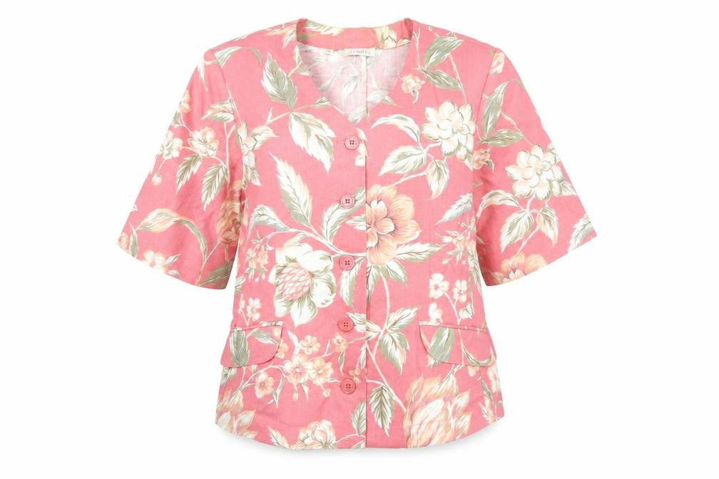 Front view of George women’s pink floral jacket, size UK 14, button