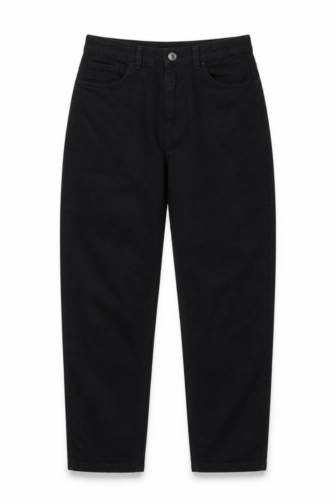 Front view of Missguided women’s black cotton mom jeans, size UK 6, 30-inch leg regular button