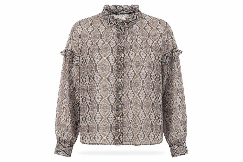 Front view of Zara women’s multicoloured geometric polyester basic button-up, size S, collared