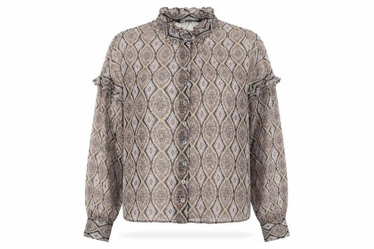 Front view of Zara women’s multicoloured geometric polyester basic button-up, size S, collared