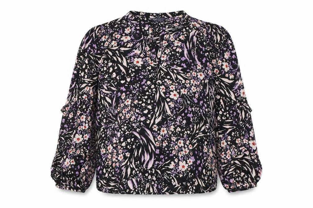 Front view of Marks & Spencer women’s black floral viscose basic button-up, size UK 12, v-neck