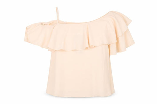 Front view of Boohoo women’s beige polyester basic blouse, size UK 8, boat neck