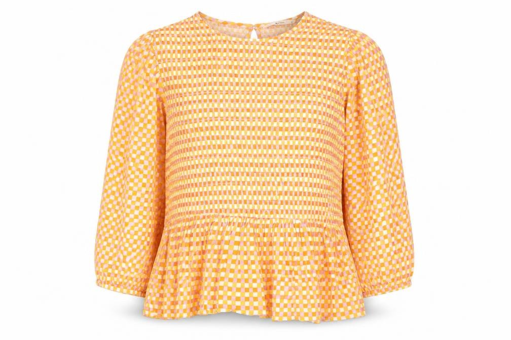Front view of Tu women’s orange geometric viscose basic blouse, size UK 12, round neck - peplum