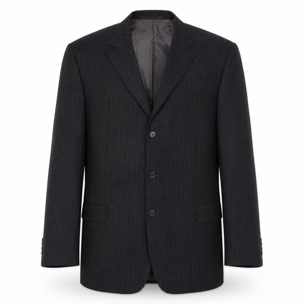 Front view of Marks & Spencer men’s grey striped polyester jacket suit jacket, size 46