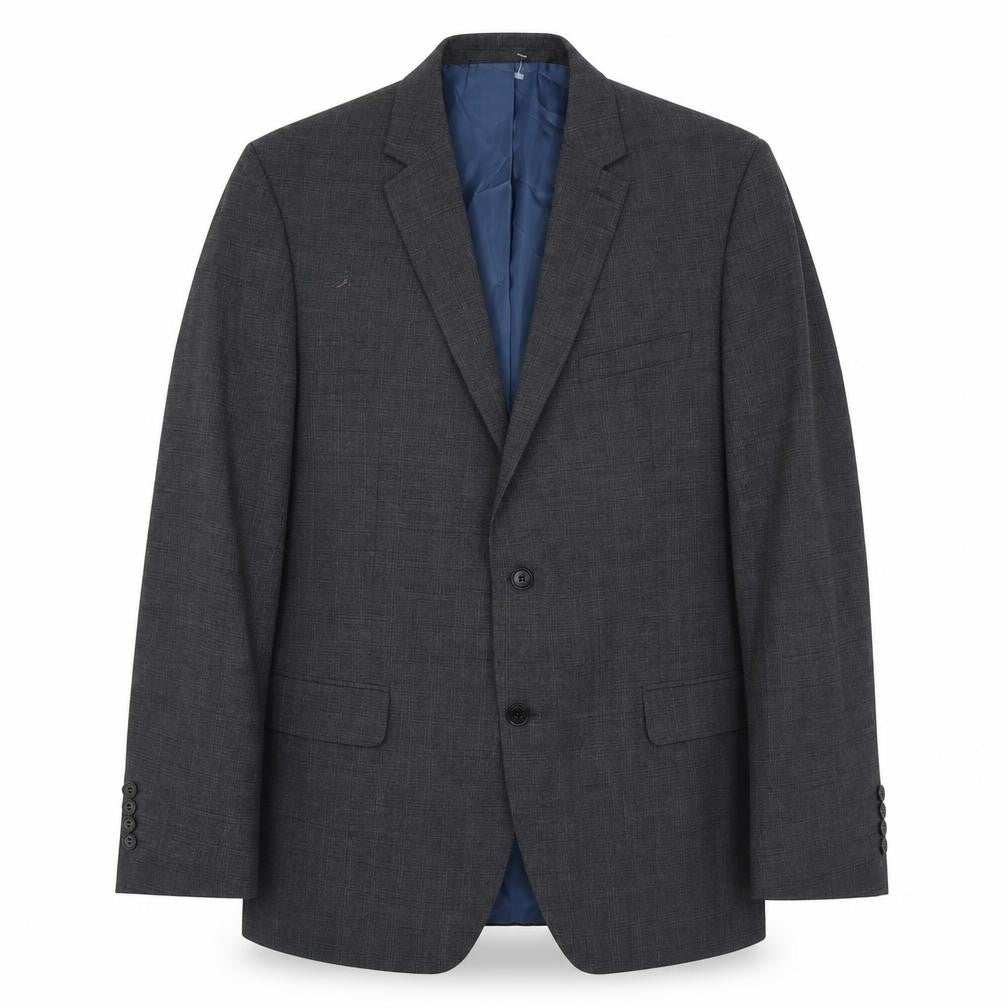 Front view of Marks & Spencer men’s grey plaid polyester jacket suit jacket, size M