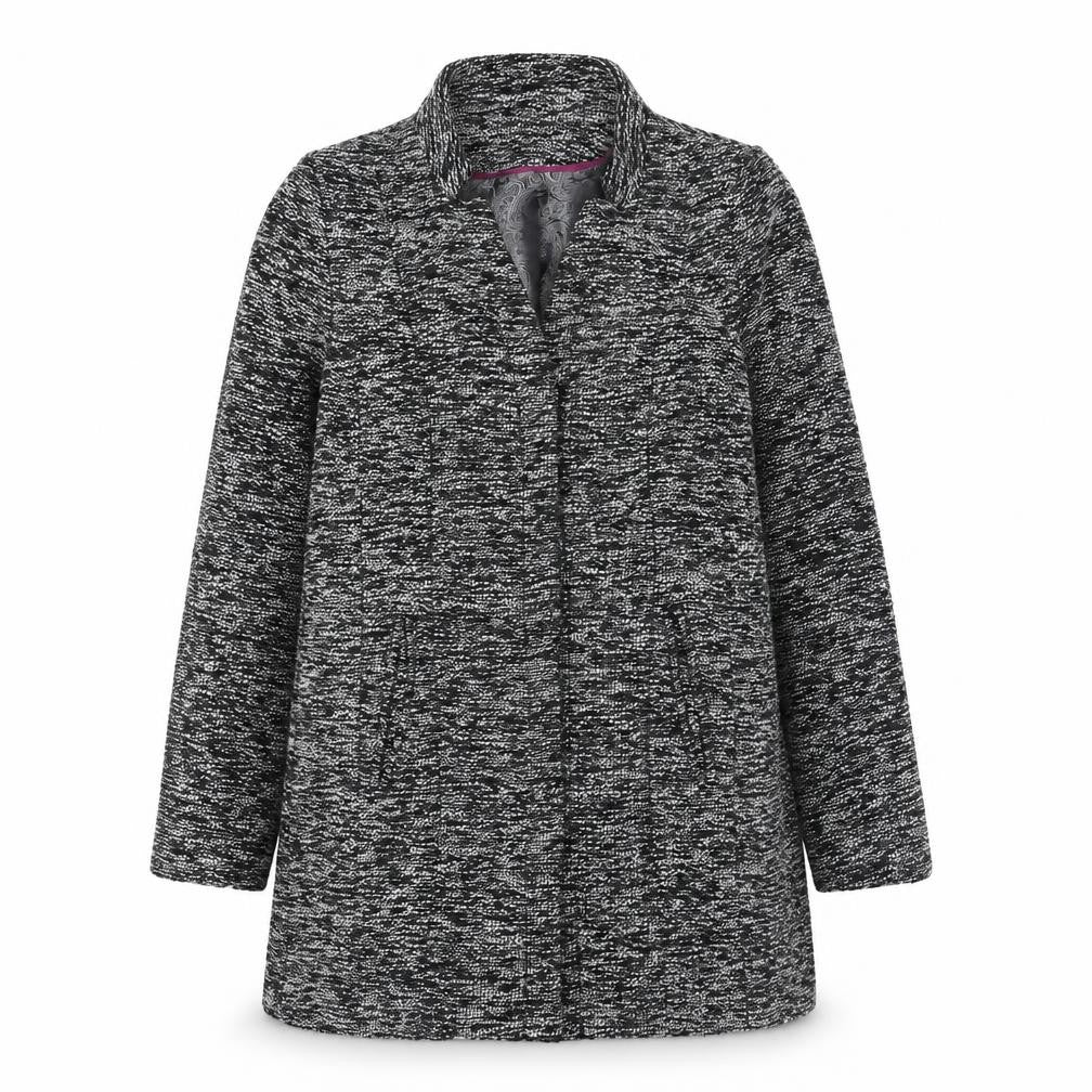 Front view of Baf woman women’s grey geometric jacket, size UK 16, button