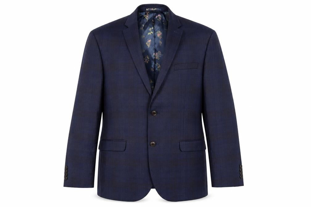 Front view of Next men’s blue plaid polyester jacket suit jacket, size 40
