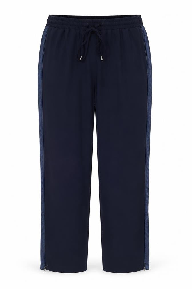 Front view of Topshop women’s blue polyester trousers, size UK 10, 27-inch leg regular drawstring
