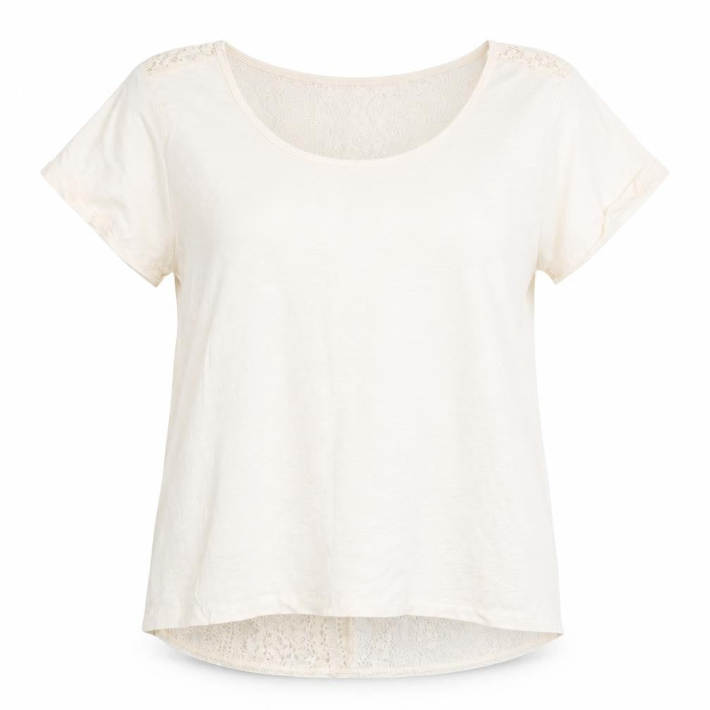Front view of H&M women’s beige 100% cotton basic blouse, size M, round neck