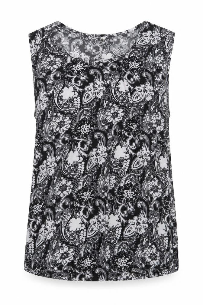 Front view of Preworn women’s black floral polyester basic blouse, size L, round neck