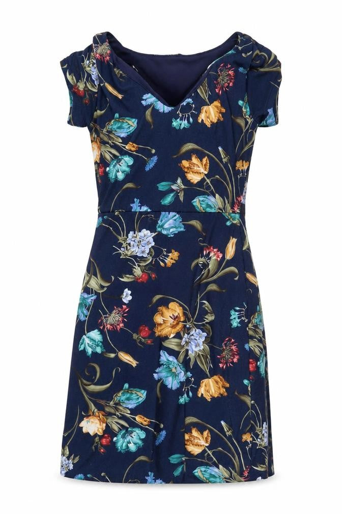 Front view of Formula Joven women’s blue floral polyester a-line, size UK 10, v-neck pullover