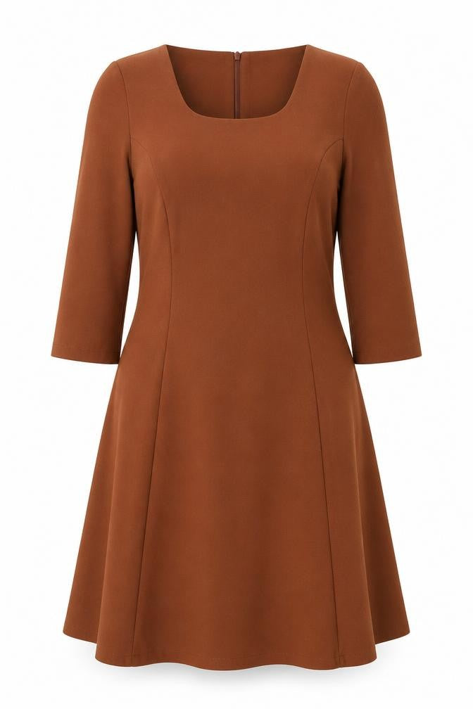Front view of ASOS women’s brown polyester a-line, size UK 12, scoop neck zip