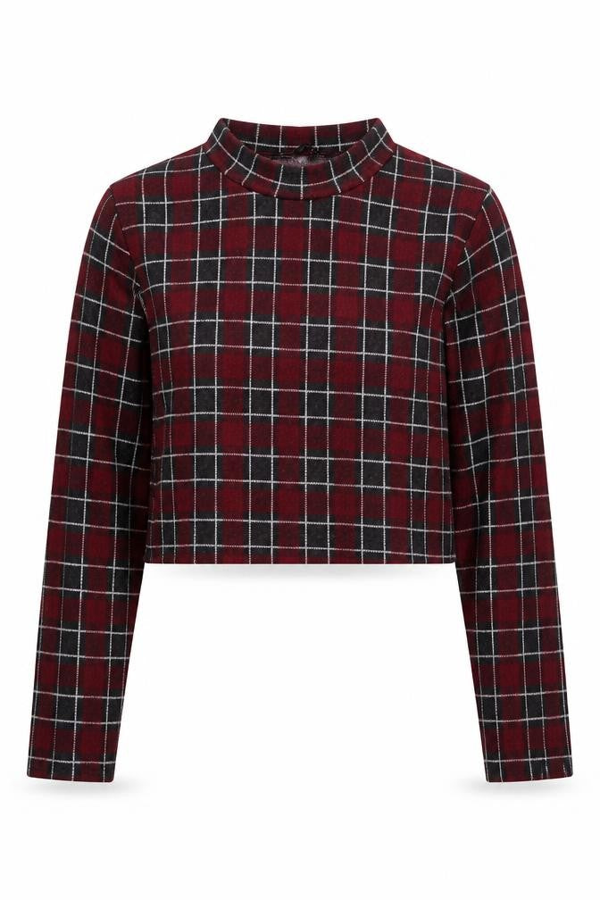 Front view of Pull&Bear pull women’s red plaid polyester cropped t-shirt, size M, round neck
