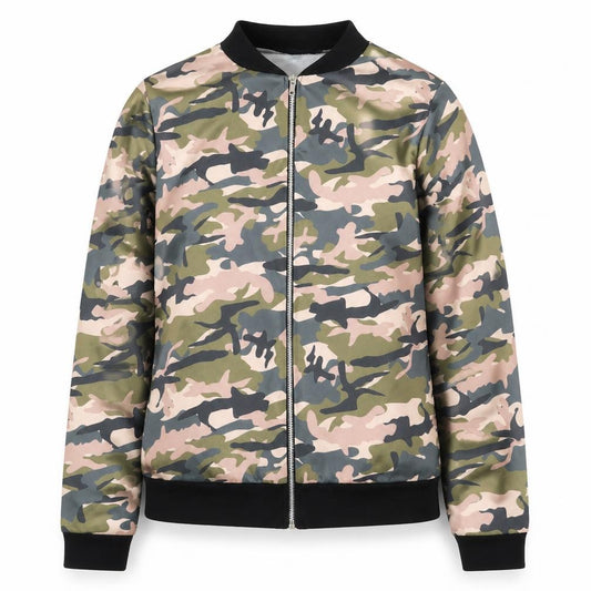 Front view of Boohoo women’s multicoloured camouflage jacket, size UK 12, zip