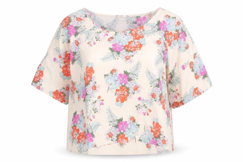 Front view of New Look women’s beige floral viscose basic blouse, size UK 16, boat neck