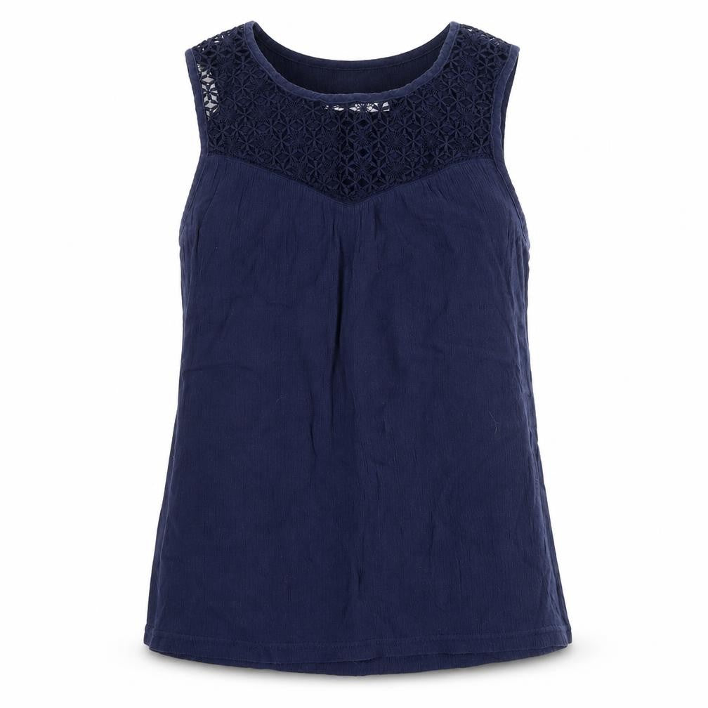 Front view of Avenue women’s blue cotton basic blouse, size UK 8, round neck